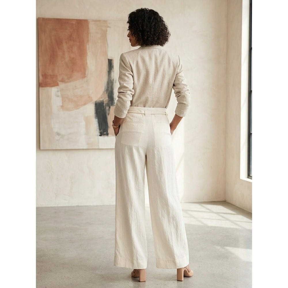 DKNY Tie-Front Wide-Leg Pants Women's 10 Coconut Pleated Button Zip Closure - Picture 2 of 4